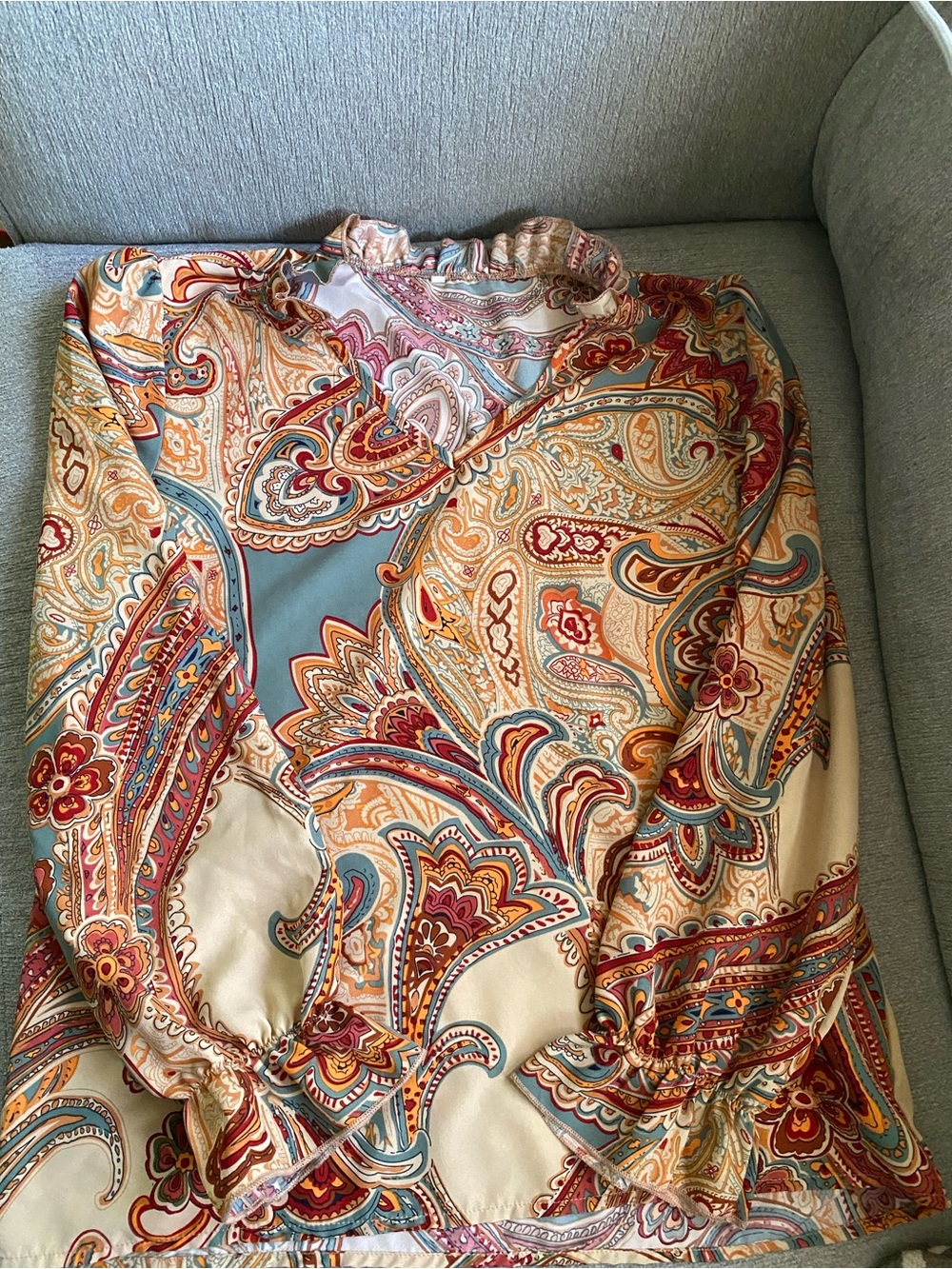 Paisley Print Long-Sleeve V-Neck Blouse in Cream, Blue & Red